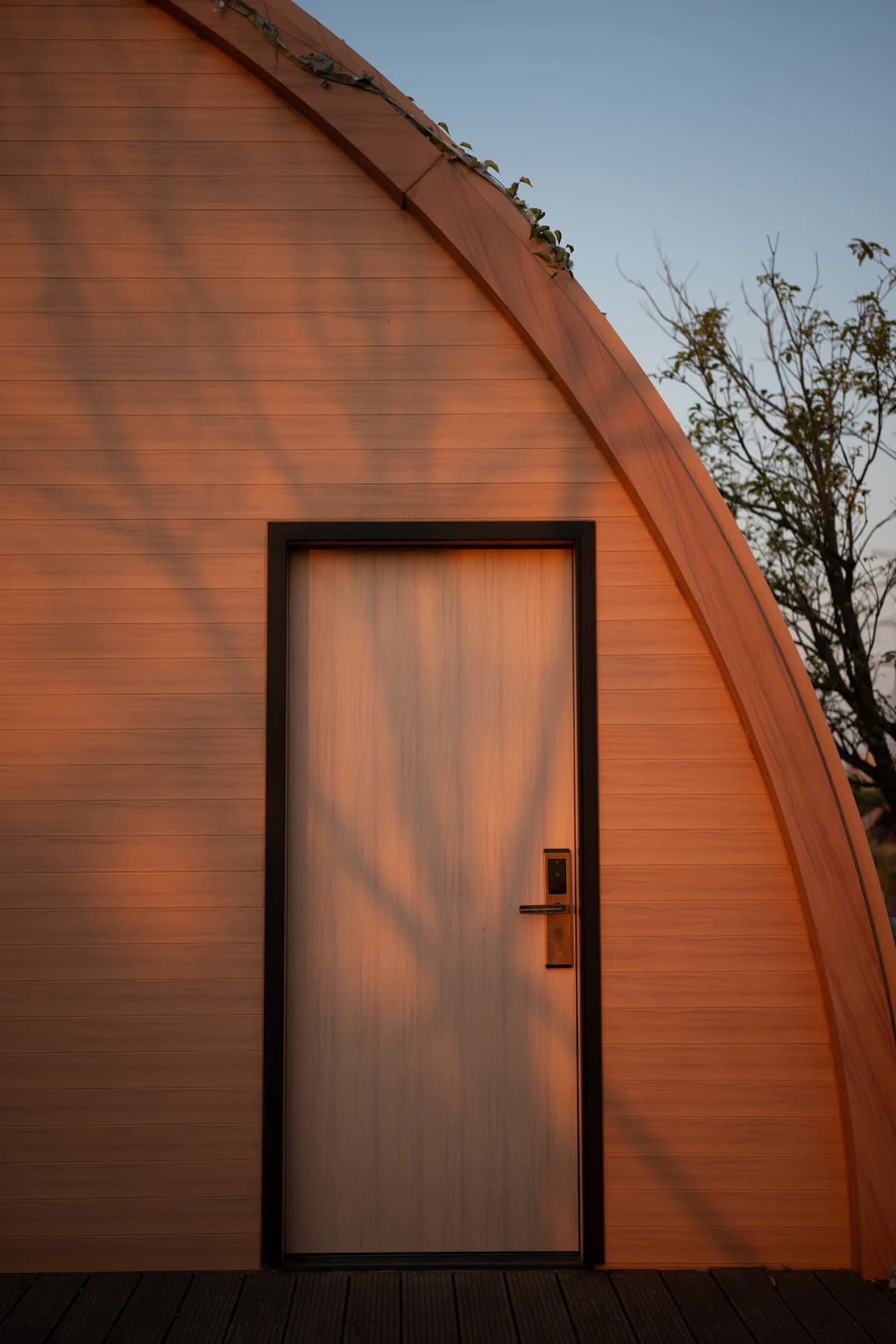Warm wood-clad residential doorway in evening light