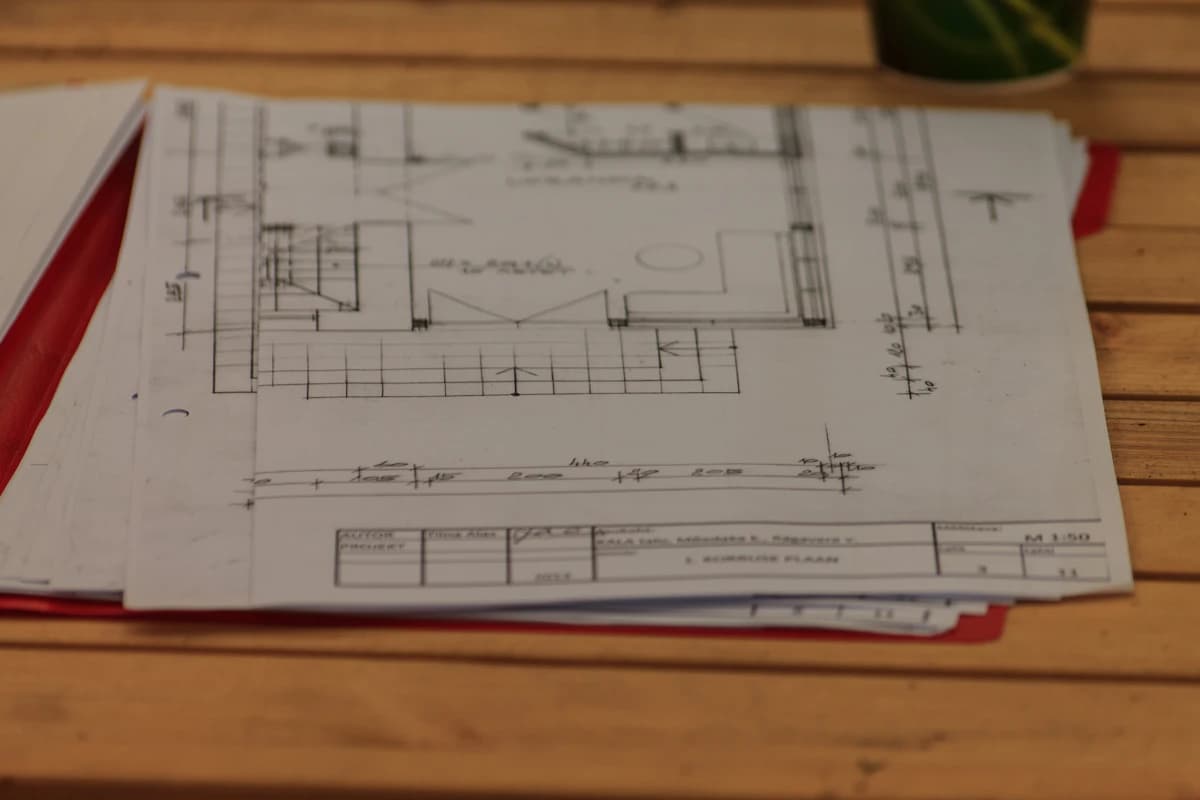 Architectural documents arranged across a wooden work table
